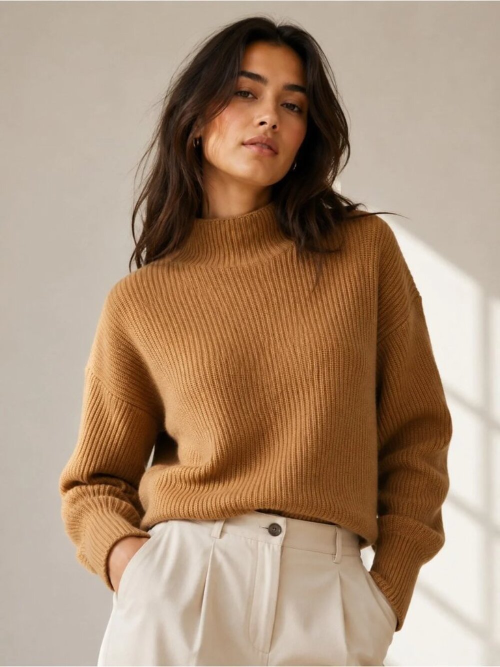 A.L.C. Ribbed Wool/Cashmere Blend Sweater Mock-Neck Camel Brown Women's Size XL